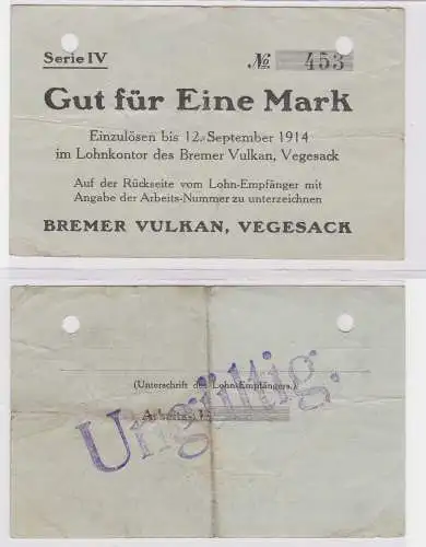 1 Mark Banknote Lohnschecks Bremer Vulkan Werft Vegesack 12.9.1914 (122238)