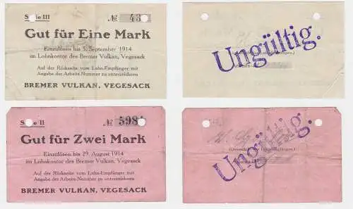1 & 2 Mark Banknoten Lohnschecks Bremer Vulkan Werft Vegesack 1914 (122497)