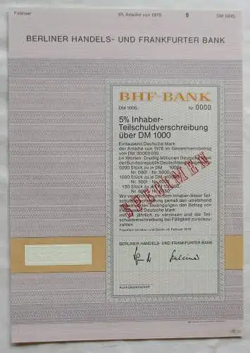 1.000 DM Aktie BHF-Bank Berliner Handels- und Frankfurter Bank 1978 (120223)