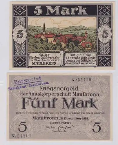 5 Mark Banknote Amtskörperschaft Maulbronn 31.12.1918 (126596)