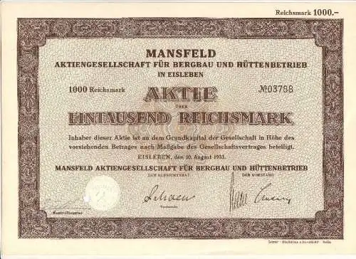alte Aktie Mansfeld AG für Bergau und Hüttenbetrieb Eisleben 1000 Mark 1933