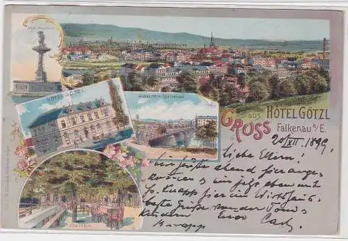 907283 Ak Lithographie Gruss aus Hotel Götzl Falkenau a.E.1899
