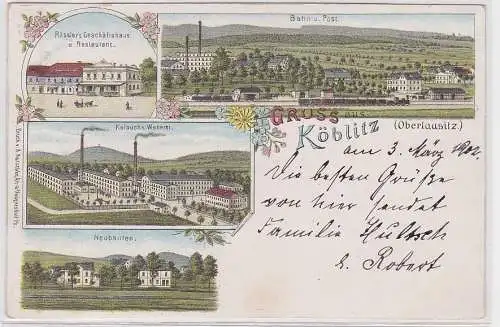 99413 Ak Lithographie Gruss aus Köblitz (Oberlausitz) Bahn, Post Weberei usw. 