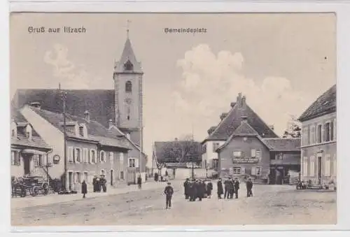 904585 Ak Gruß aus Illzach - Gemeindeplatz mit Kirche um 1915