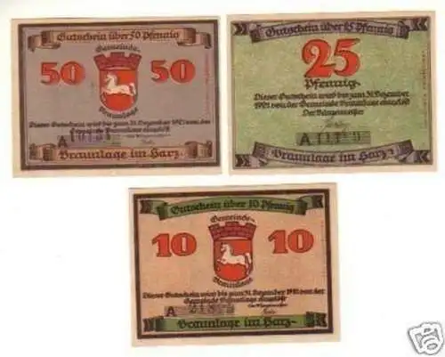 3 Banknoten Notgeld Stadt Braunlage 1921