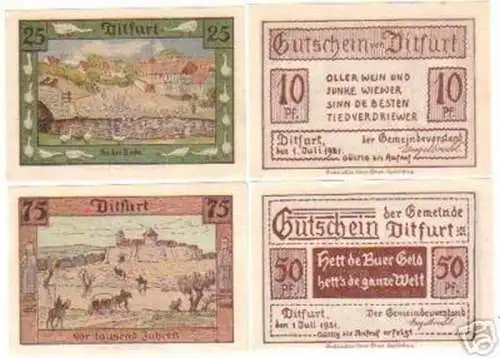 4 Banknoten Notgeld der Gemeinde Ditfurt 1921