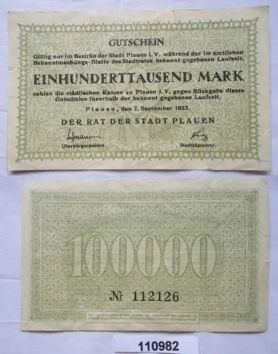 100000 Mark Banknote Inflation Stadt Plauen 7.9.1923 (110982)