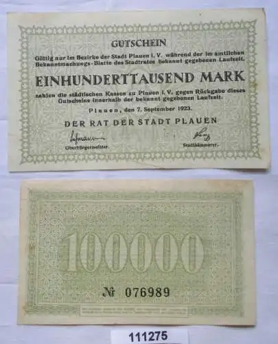 100000 Mark Banknote Inflation Stadt Plauen 7.9.1923 (111275)
