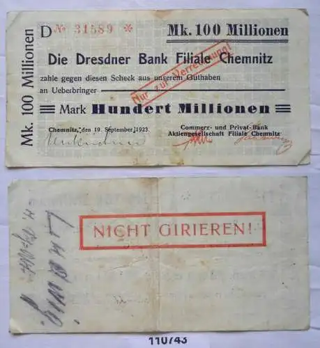 100 Millionen Mark Banknote Inflation Dresdner Bank Filale Chemnitz 1923(110743)