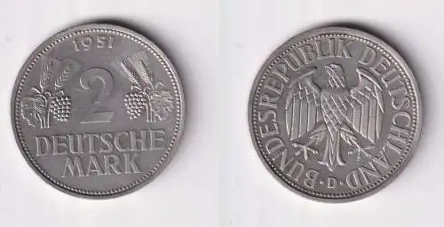 2 Mark Nickel Münze BRD Trauben und Ähren 1951 D f.vz (155536)