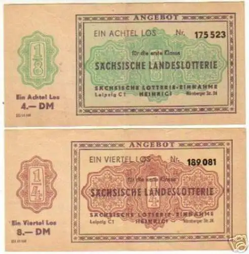2 Losscheine 1/4 & 1/8 Los Sächsische Landeslotterie