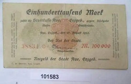 Banknote Inflation Stadtkasse Aue 100000 Mark 1923