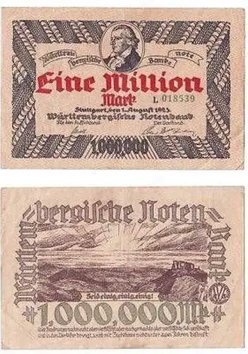 Banknote Inflation 1 Million Mark Stuttgart 1923