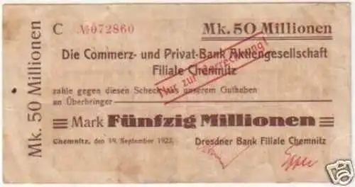 Banknote Inflation 50 Millionen Chemnitz 19.09.1923