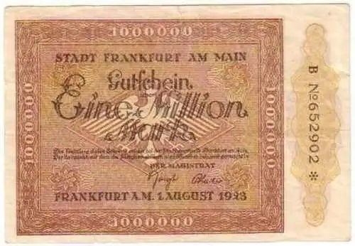 Banknote Inflation 1 Mill. Mark Frankfurt a.M 1.08.1923