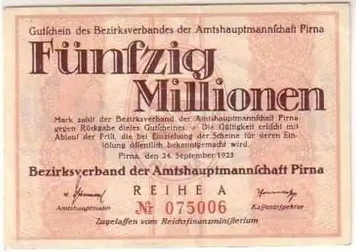 Banknote Inflation 50 Millionen Pirna 24.09.1923