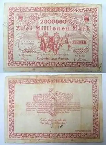 Banknote Inflation 2 Millionen Mark Landeskulturrat Sachsen Dresden 1923
