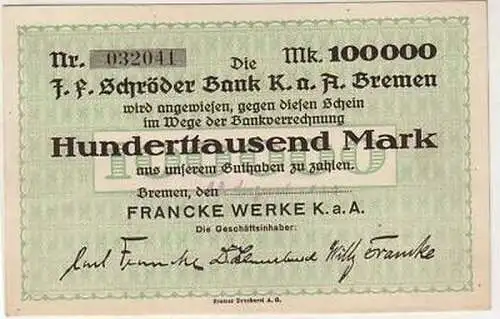 Banknote Inflation 100000 Mark Francke Werke Bremen1923