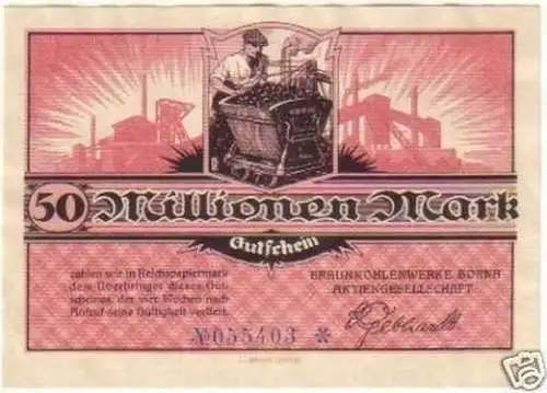 Banknote Inflation 50 Millionen Braunkohlenwerke Borna