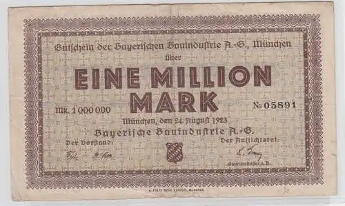 1 Million Mark Banknote Inflation Bayerische Bauindustrie A.G. München 24.8.1923