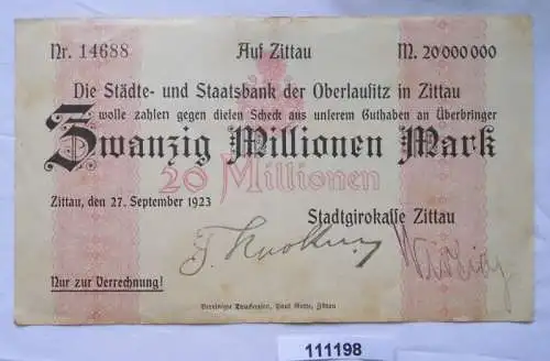 20 Millionen Mark Banknote Inflation Stadtgirokasse Zittau 27.9.1923 (111198)
