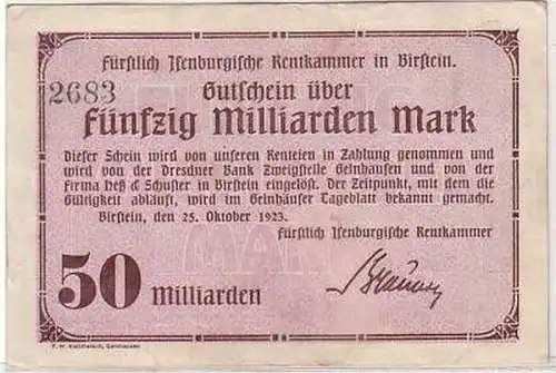 Banknote Inflation 50 Milliarden Mark Birstein 1923