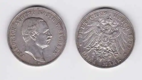 Sachsen 3 Mark Silber Münze König Friedrich August 1909 ss (153997)