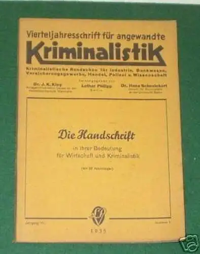Zeitschrift Kriminalistik "Die Handschrift" Nr. 1/1935