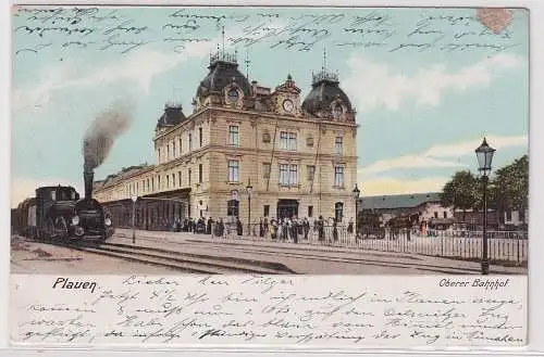 45148 Ak Plauen im Vogtland oberer Bahnhof mit Dampflokomotive 1904