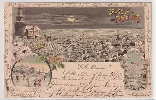 47923 Winter Ak Lithographie Gruß aus Weida Totalansicht und Aumamühle 1898