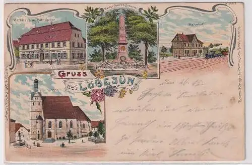 32291 Ak Lithographie Gruß aus Löbejün Bahnhof, Denkmal usw. 1901