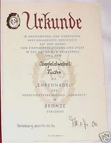 DDR Abzeichen Armeesportvereinigung Vorwärts + Urkunde (BN7984)