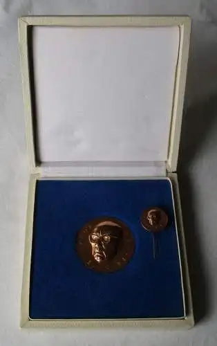 seltene DDR Medaille Johannes R. Becher bronze + Etui + Miniatur Anstecknadel /1