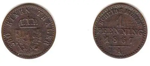 1 Pfennig Kupfer Münze Preussen 1867 A s/ ss