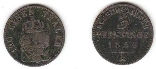 3 Pfennige Kupfer Münze Preussen 1858 A f. ss/ ss