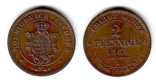 2 Pfennige Kupfer Münze Sachsen 1869 B (109378)