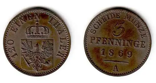 3 Pfennige Kupfer Münze Preussen 1869 A (109149)