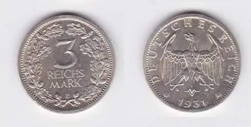 3 Mark Silber Münze Weimarer Republik Kursmünze 1931 E Jäger 349 (131183)