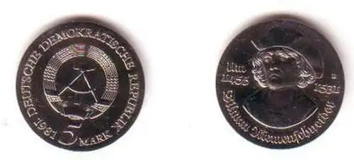 DDR Gedenk Münzen 5 Mark Tilmann Riemenschneider 1981 Stempelglanz