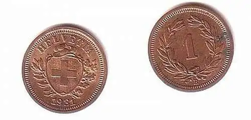 1 Rappen Kupfer Münze Schweiz 1931