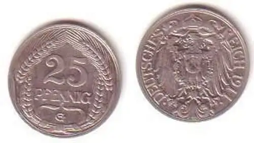 25 Pfennig Nickel Münze Deutsches Reich 1911 G Jäger 18