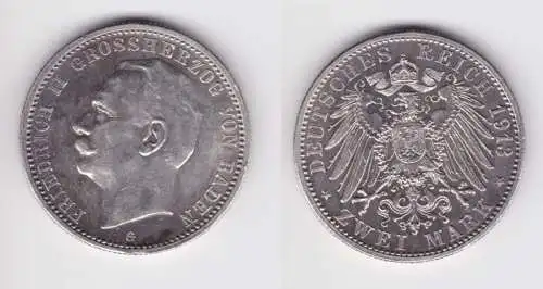 2 Mark Silber Münze Baden Großherzog Friedrich II 1913 vz (150626)