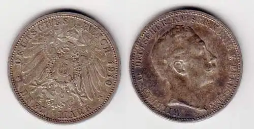 3 Mark Silber Münze Preussen Kaiser Wilhelm II 1910 A