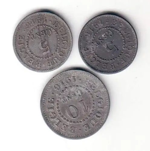 3 x Zink Münzen 5 und 10 Cent Besetzung Königreich Belgien im 1. Weltkrieg 1916