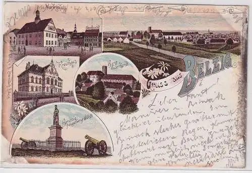 29523 Ak Lithographie Gruß aus Belzig, Kreishaus, Marktplatz usw. 1900