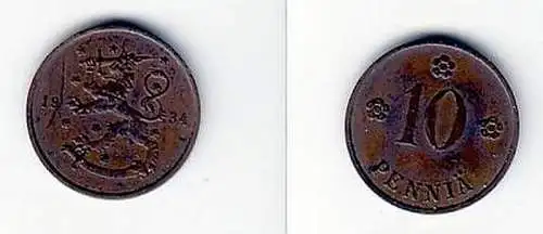 10 Penniä Kupfer Münze Finnland 1934