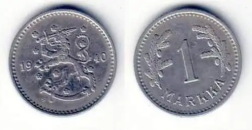 1 Markka Nickel Münze Finnland 1940