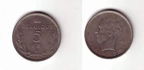 5 Franc Nickel Münze Belgien 1937
