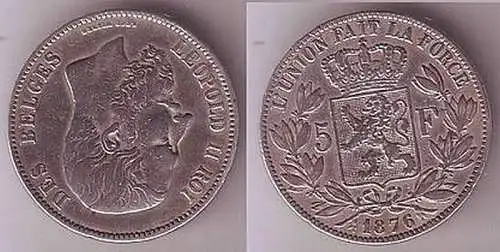 5 Franc Silber Münze Belgien 1876