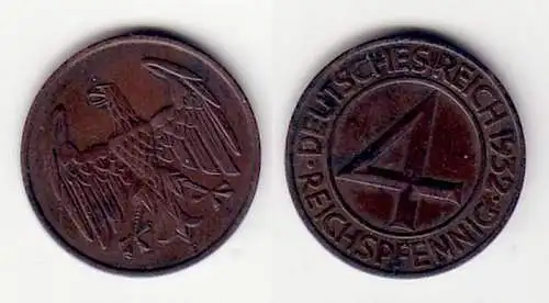 4 Pfennig Kupfer Münze Weimarer Republik 1932 F "Brüning Taler" (106270)